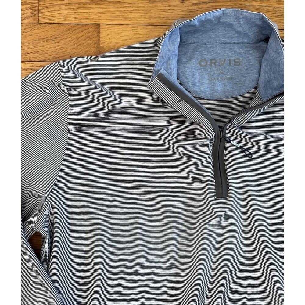 Orvis Casual Lightweight Pima Cotton gray/white pinstriped 1/4 Zip Pullover XL